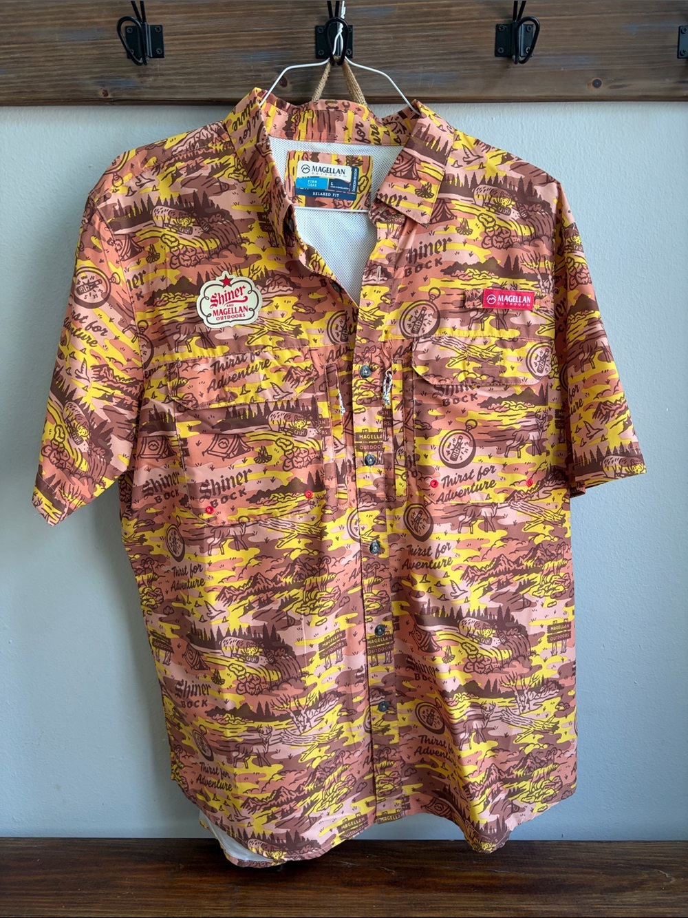 Magellan Outdoors Shiner Bock Fishing Shirt in Yellow and Brown
